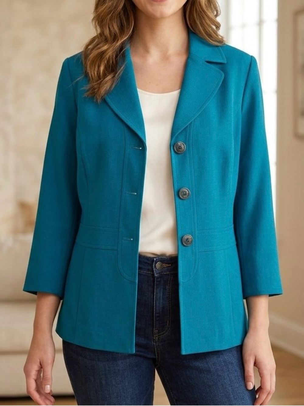 NWT Dana Kay Blue Teal Blazer Jacket Plus Size 16W Washable 3-Button